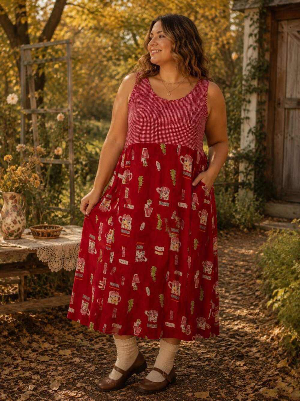 Vintage Carol Anderson Red Novelty Print Maxi Dress